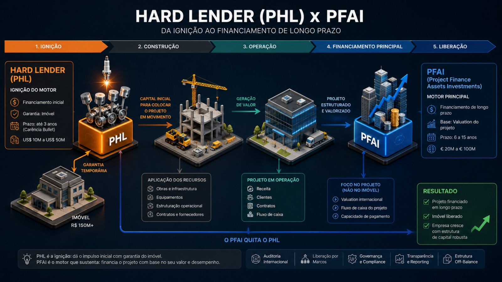 Jornada PHL x PFAI em cinco etapas — ignição, construção, operação, financiamento principal e liberação. O PHL é o financiamento inicial com garantia do imóvel; o PFAI é o financiamento de longo prazo baseado no valuation do projeto, que quita o PHL e libera a garantia.
